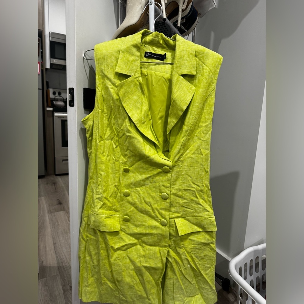 Bright green linen blazer strapless dress